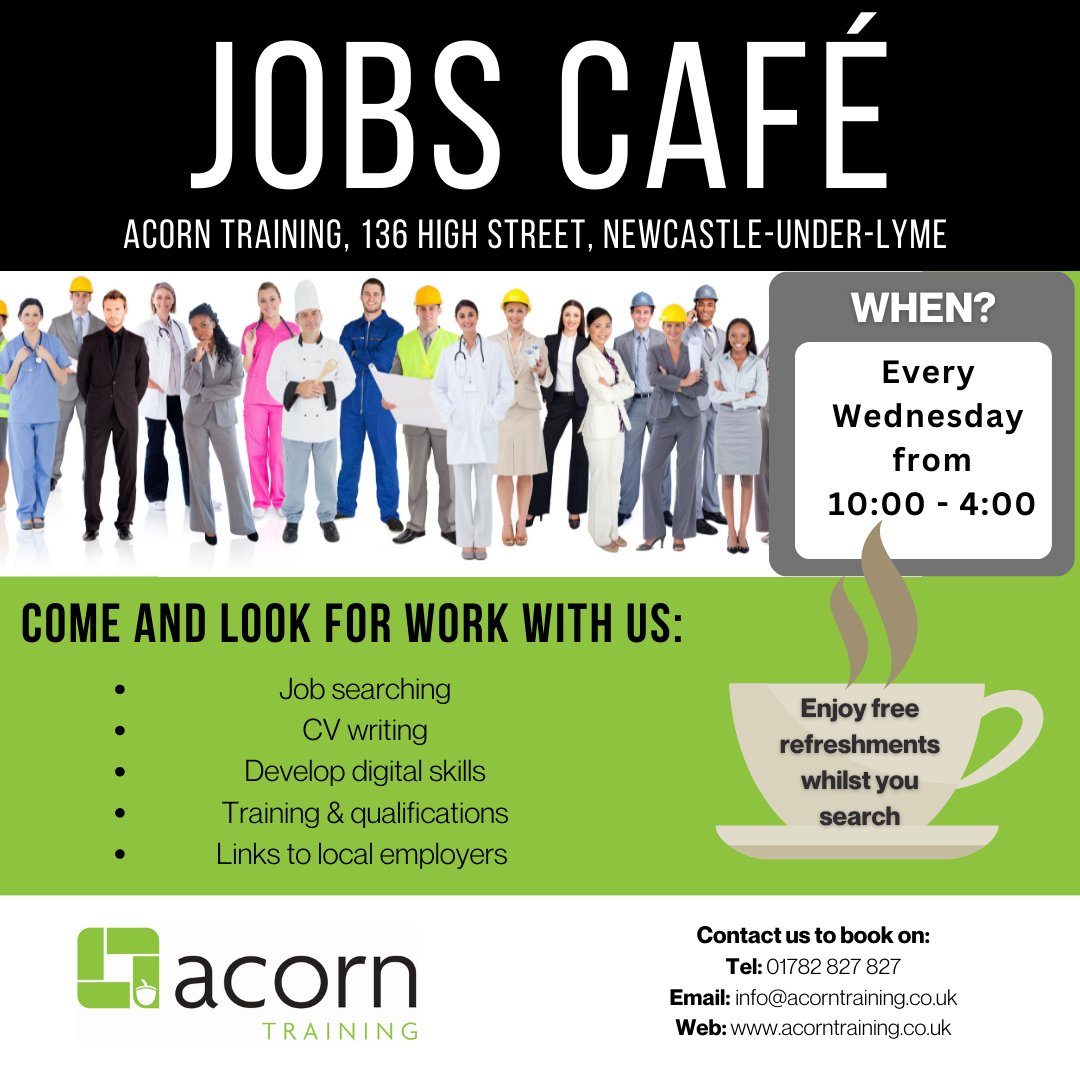 AcorntrainingUK's tweet photo. Join us for #jobcafe at our Newcastle-under-Lyme Centre. We provide support with:
📑 CV writing
🔎 Job searching
💻 Developing digital skills
🏆 Access to training & qualifications
🔄 Links to local employers
Every Wednesday @ 10am-4pm. See you there 👋
@JCPInStaffDerby https://t.co/uJz4aMfZzs