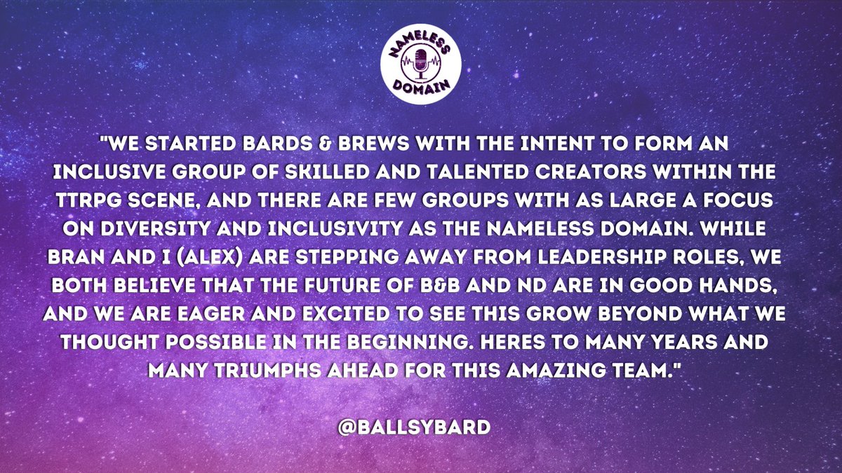 NamelessDomain's tweet photo. Hey B&amp;B followers! Surprise! 

The Nameless Domain and Bards &amp; Brews have decided to join forces and merge into one BIPOC-led cooperative! 

Stay tuned for next week, when we'll make our final touches and propper announcements! Find out who will be involved in this new endeavor! https://t.co/khxd6rkS11