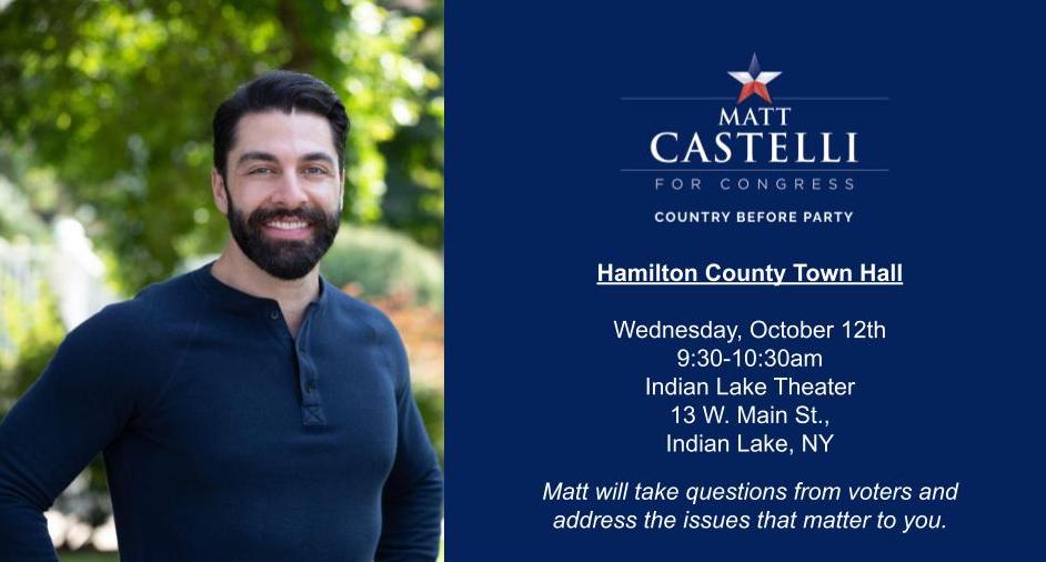 CastelliMatt's tweet photo. We’ll be holding three Town Halls on Wednesday October 12th - Indian Lake from 9:30-10:30 am, Lowville from 4-5pm and finishing up the day in Evans Mills from 6-7pm. It’s a lot in one day, but showing up for the voters is the job description. https://t.co/eCx0458AdS