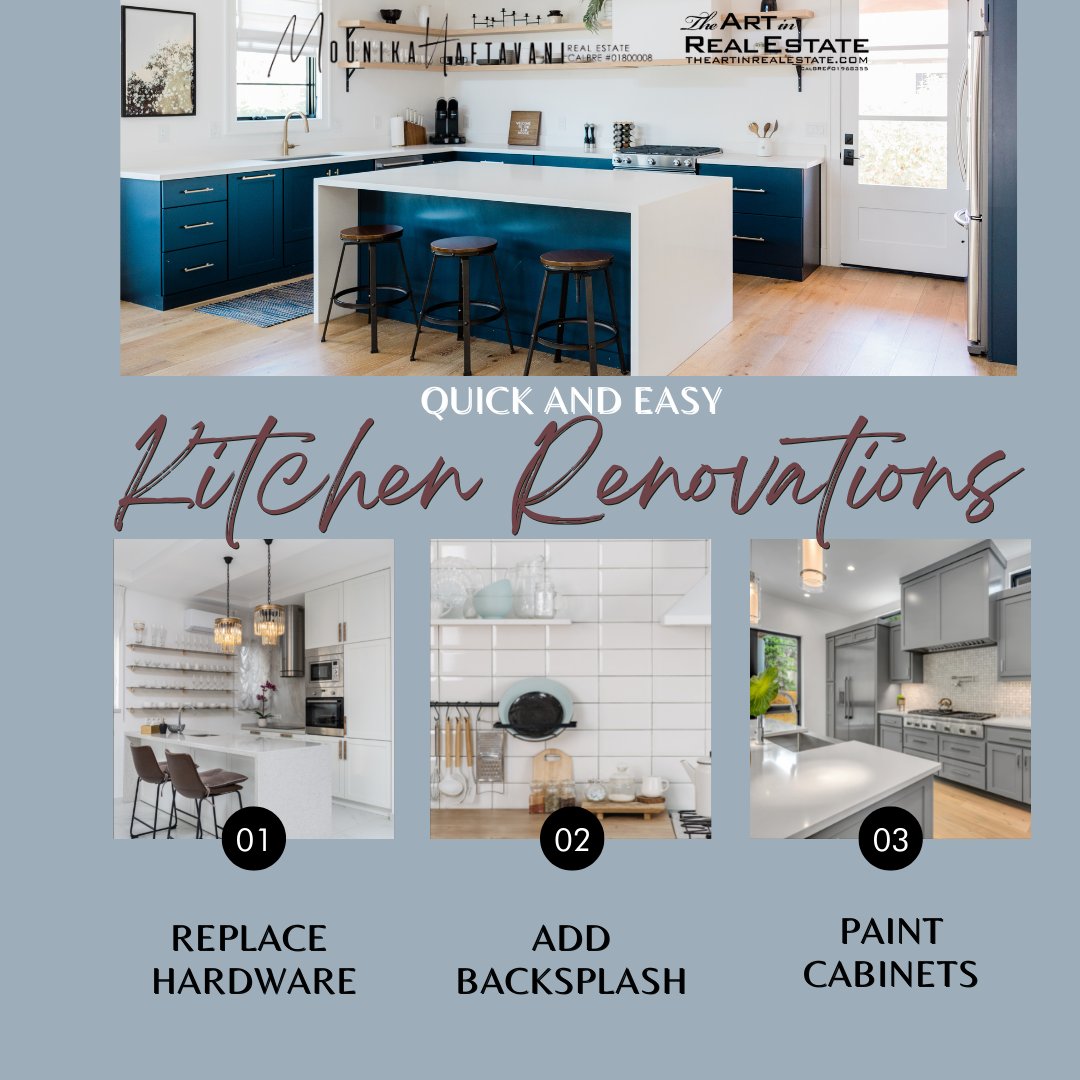 MounikaRealtor's tweet photo. Here are a few QUICK and EASY renovations for your kitchen:
➡️ Add Light
➡️ Repaint Cabinets and/or Replace Hardware
➡️ Swap out the Sink

✨Let’s talk about house shopping - Contact me today
📲818.437.3308
🏡CalBRE #01800008
🌐https://t.co/uSyA5mYdlz

#Theartinrealestate https://t.co/gsbN57P9UP