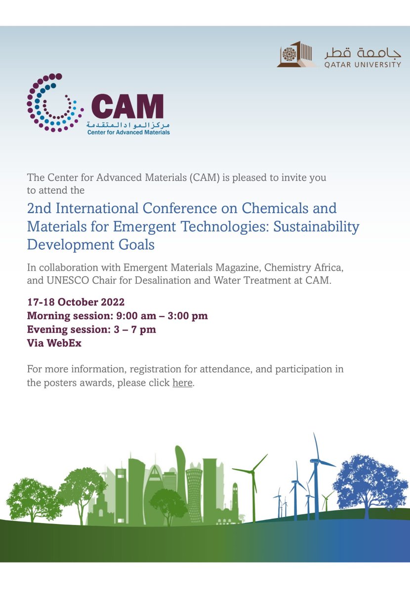 CAM_Qatar's tweet photo. We are pleased invite you to the 

"2nd #International #Conference on Chemicals and #Materials for Emergent #Technologies: #Sustainability Development Goals"
on 17 - 18 October, 2022 via WebEx

For More Information: https://t.co/85GhWZRzTN https://t.co/h4tuxbUYQN