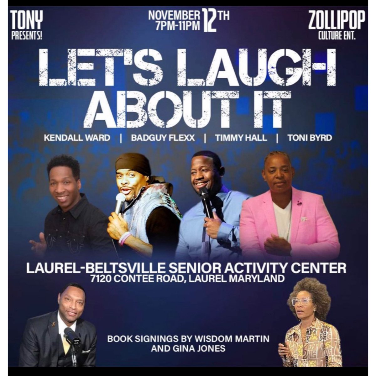 GinaMJones4's tweet photo. 📕📕It’s a book signing for “Hope: All Other Ground is Sinking Sand” next to the great news anchor @WisdomFOX5 Wisdom Martin from Fox 5 DC @ the “Let’s Laugh About It” comedy show. You will be able to receive a signed copy of his amazing book “Pass Interference.” 🙏🏼♥️ https://t.co/CJb0aTfs7m
