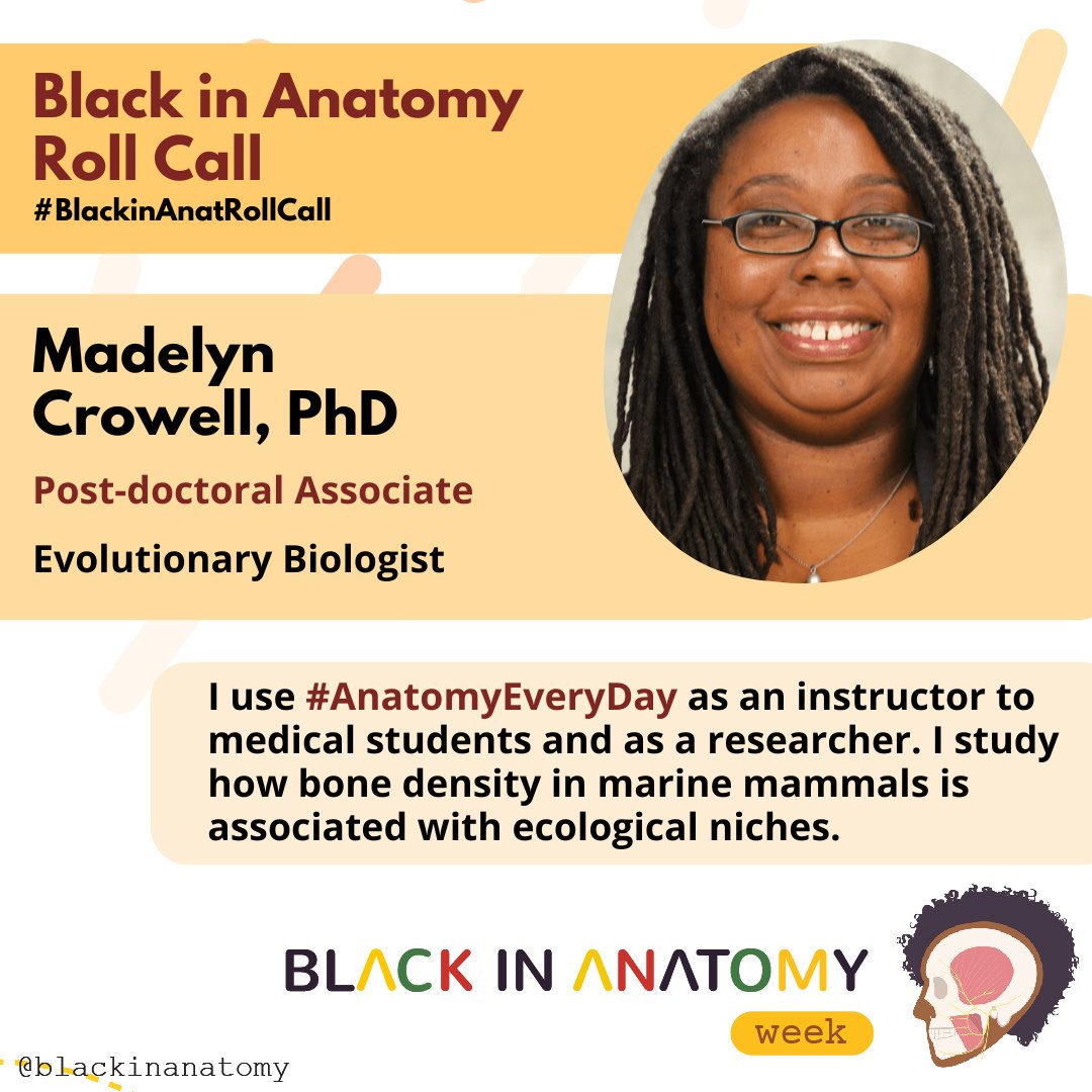 blackinanatomy's tweet photo. Dr. Madelyn Crowell @madelyngalimore is an @EvAnthDuke Postdoc. She uses #AnatomyEveryDay as an anatomy instructor to medical students and as a researcher. She studies how bone density in marine mammals is associated with ecological niches.

#BlackinAnatRollCall #BlackinAnatWeek https://t.co/4dbwllpjnd