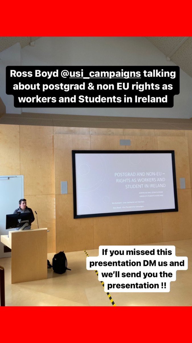 UCCSUEngagement's tweet photo. Ross Boyd @USI_Campaigns @TheUSI talking about Postgrad and Non EU rights as Workers & Students in Ireland
If youβve missed this presentation insta/Twitter Dm @UCCSU
#postgraduatestudents #internationalstudents #unionnweek https://t.co/MpgkhmFG3E