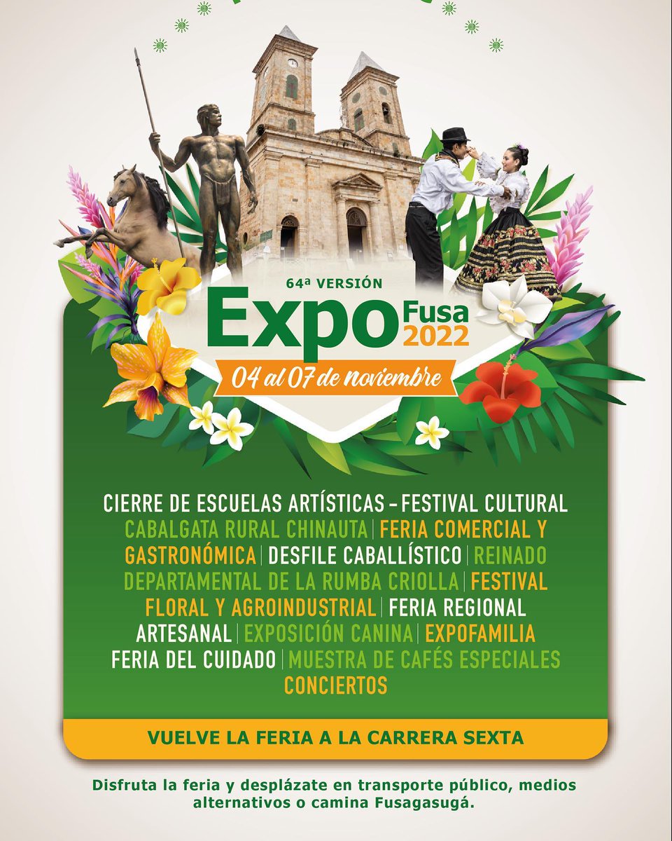 AlcFusagasuga's tweet photo. ¡Este 2022 llega la 64ª versión de EXPOFUSA!🌸
Prepárate para una programación única. Espéralo del 4 al 7 de noviembre. 🎶
#ConLaFuerzaDeLaGente #ExpoFusa https://t.co/N7Cod1JLvx