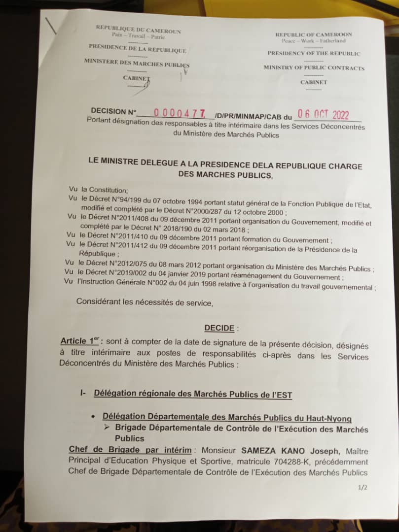 Minmap_Officiel's tweet photo. Décision portant désignation de certains responsables à titre intérimaire dans les services déconcentrés du MINMAP. https://t.co/KR5pNqjUmS