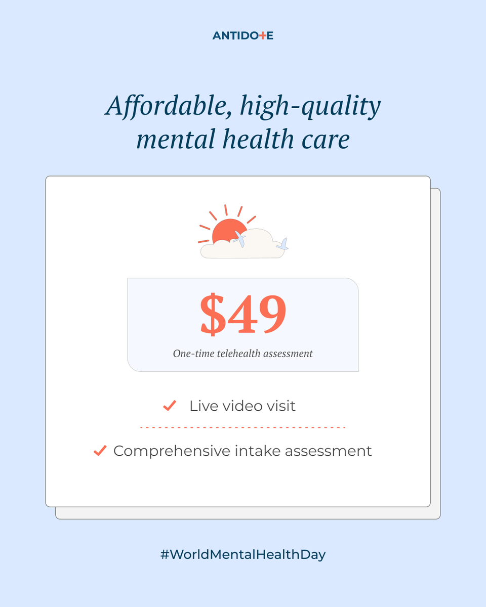 #WorldMentalHealthDay is a great opportunity to restate our mission to #LeaveNoOneBehind. As part of our movement to change #healthcare in the U.S., we’re offering a one-time visit with a board-certified Antidote doctor for only $49! Learn more here: bit.ly/3SN8wl7