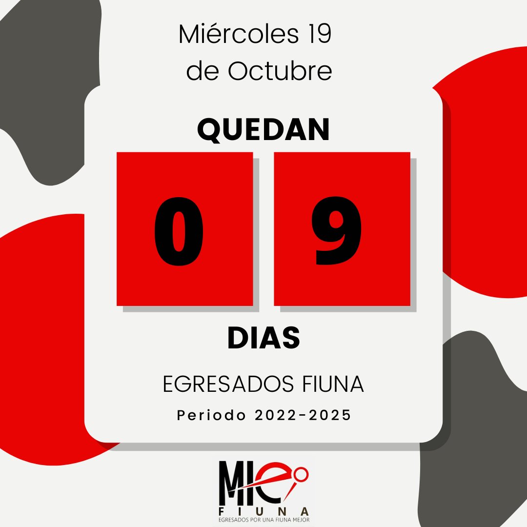 Quedan 9 días para el día D 🗳️. El día de las elecciones de nuestros futuros representantes. 

¡No te olvides, andá a votar el 19 de octubre y elegí lo mejor! 

Votá #MIE #MIEFIUNA