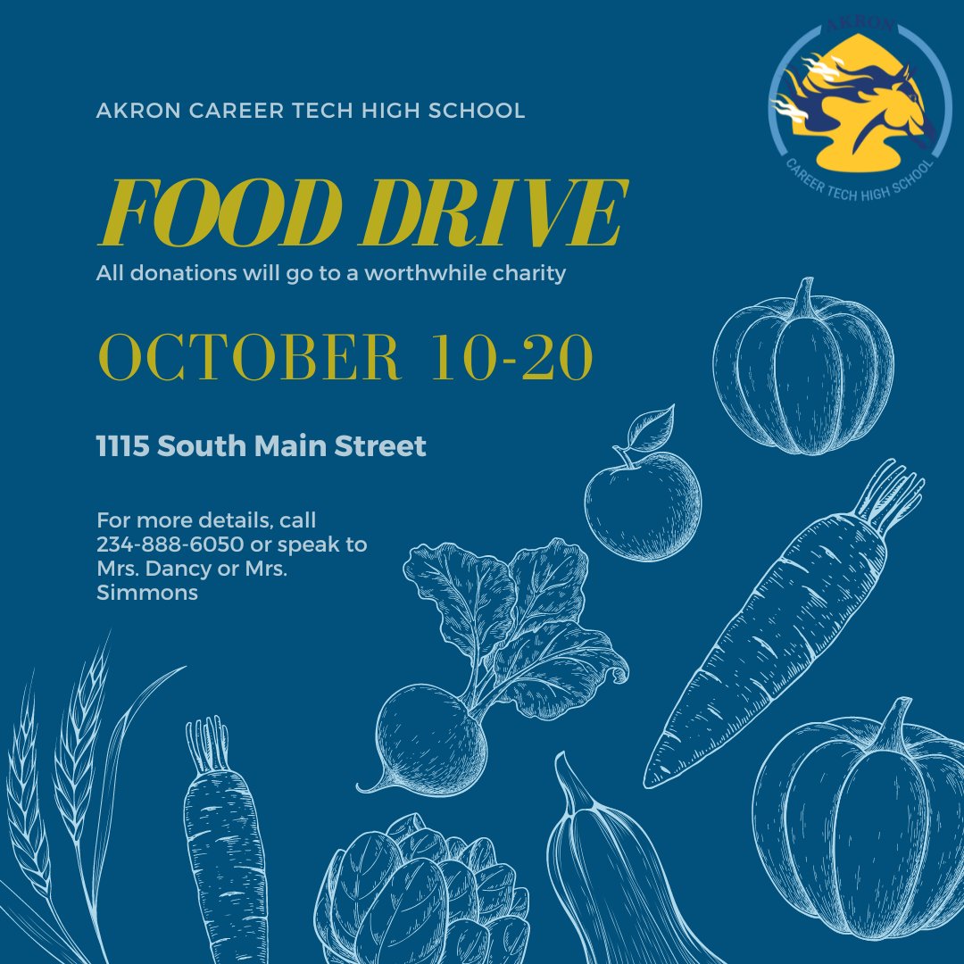 AkronCareerTech's tweet photo. It's a new week at Akron Career Tech High School, and it's also the first day of our canned food drive! Through the end of next week, students can bring in non-perishable food items to be donated to a worthwhile charity!

#ACT #Akron #akroncareertech #fooddrive https://t.co/U0TDUgRaUF