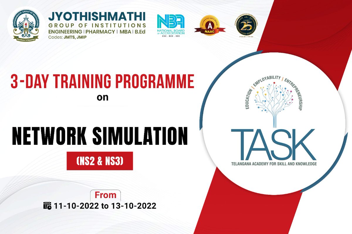 jyothish_mathi's tweet image. JITS in association with #TASK is organising a 3-day training programme on #NetworkSimulation (NS2 & NS3) from 11th to 13th October 2022.
Visit us: 🌐jits.ac.in
#JITS #TrainingProgramme #Association #Education #Employability #Entrepreneurship #JMTS #JMIP #Network