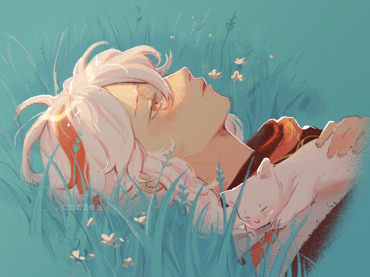 kaedehara kazuha 1boy cat male focus streaked hair white cat grass white hair  illustration images