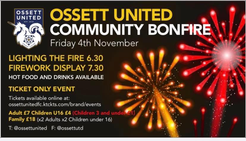 With over 80% of tickets now sold for Wakefield’s biggest and best firework display and bonfire, be sure to get yours now before they’re all gone! 🎟 🔥 💥 

ossettunitedfc.ktckts.com/brand/events