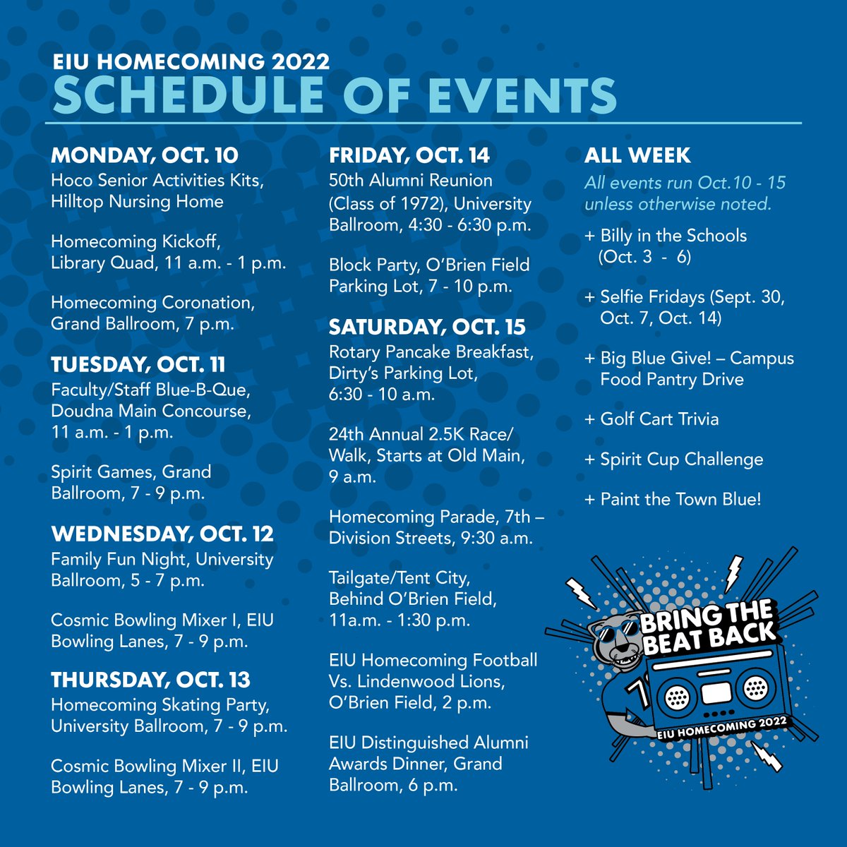 #EIUHomecoming has arrived! What event are you the most excited about? The full schedule can be found at eiu.edu/homecoming