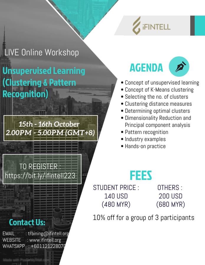 IFintell's tweet photo. Join the LIVE online workshop  on Unsupervised Learning (Clustering and Pattern Recognition)  

🔗Registration link:https://t.co/aEj0V4Mnf9

Contact us:
🌐Website: https://t.co/9hQiFxDjq7

#practicaldataanalysis #onlineworkshop #machinelearning #BigData #dataanalytics https://t.co/qElNilYJnx