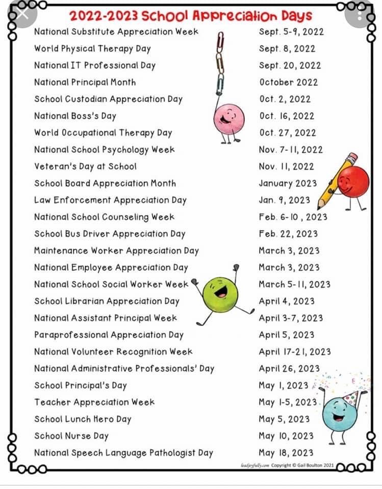 School Appreciation Days list. 💙 I needed this! 🎉 Marking my calendar. ✔️ #CultureMatters #ItTakesAVillage <a href="/JCPSKY/">JCPS</a>