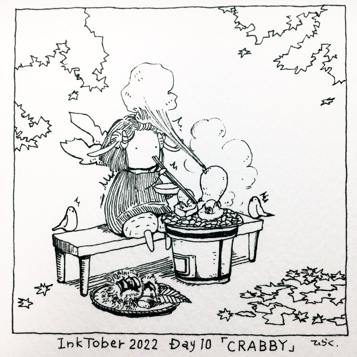 10/10 :CRABBY
熱い息の一撃!
hot breath blow!
(Mochi:Steamed and kneaded sticky rice. It swells when baked.)
#inktober2022 #inktober2022day10 #Pavot #ペン画