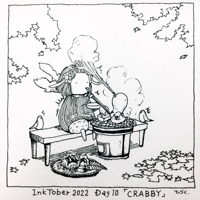 10/10 :CRABBY 
熱い息の一撃!
hot breath blow!

(Mochi:Steamed and kneaded sticky rice. It swells when baked.)
 #inktober2022  #inktober2022day10  #Pavot  #ペン画 