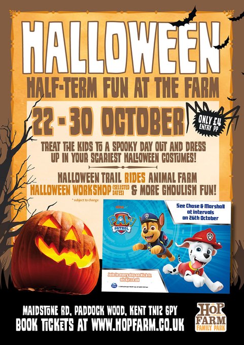 Get ready for SPOOKTACULAR fun! Halloween Half-Term Fun at the Farm! Have a GHOULISH time &amp; get into the spirit of the season. Halloween trail, indoor soft-play, rides, animal farm &amp; more tricks &amp; treats. Info &amp; booking here: https://t....