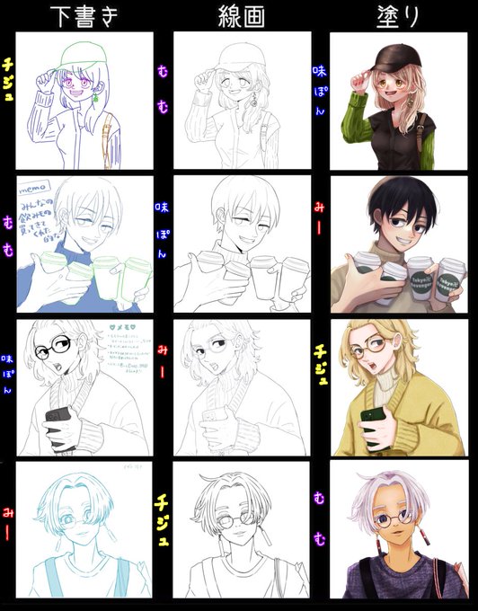 #4人で下書き線画塗りを交換して絵を完成させる
チーズちゃん、むむちゃん、みーちゃんと
やりました🫡💕💕
自分の下書きがまたいつもと違う
雰囲気で仕上がっていてとっても不思議な感覚と
塗ってもらえて嬉しい気持ちとで胸いっぱいでした🥰❤️
下書き→マイキー
線画→真一郎
塗り→エマ
でした☺️ 