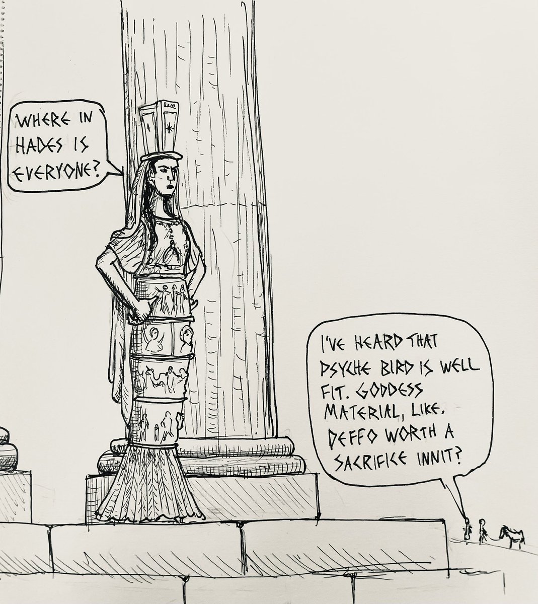 #ClassicsTober day 10: Psyche. The idol of Aphrodite at Aphrodisias ponders why her shrines are empty. Meanwhile, the simple folk of Caria sneak off to worship psyche.