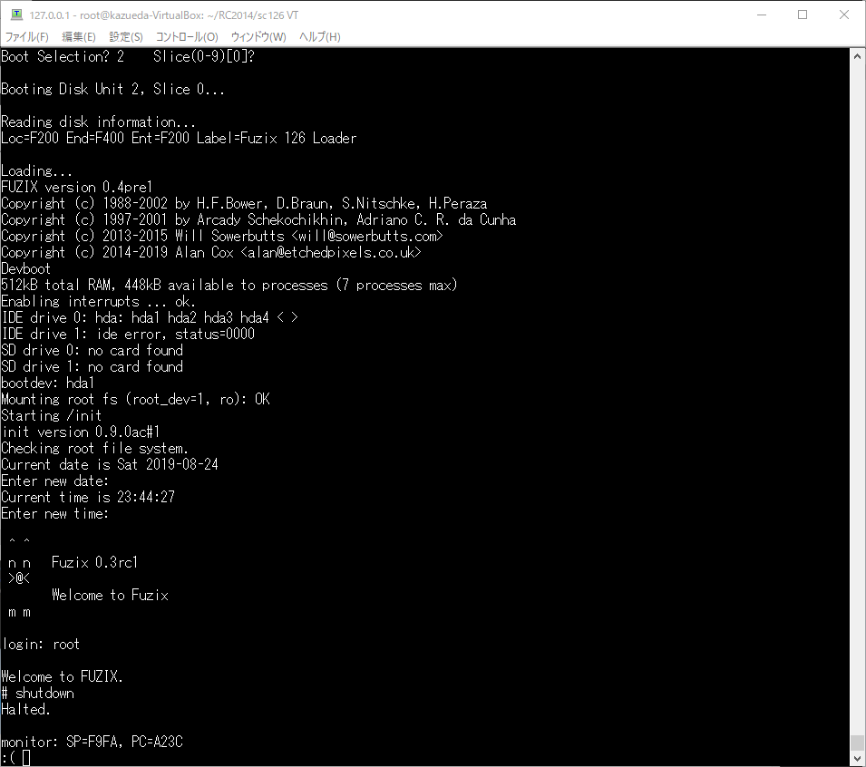 kazueda's tweet photo. sc126のエミュレータでFUZIの起動に成功しました。[Error SPI contention.]が表示されていますが。 #fuzix #sc126 https://t.co/NMngeRtd4f
