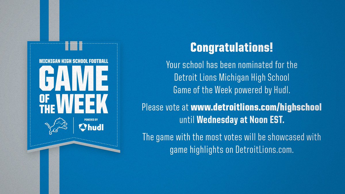 Our game vs Waverly game on Friday has been nominated as a possible Detroit Lions Game of the Week! Vote at detroitlions.com/contests/high-… for our game! Voting begins today at Noon and ends on Wednesday at Noon! #STEPS