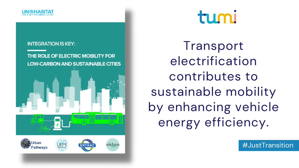 Don't miss out on this report by <a href="/UNHABITAT/">UN-Habitat</a>, <a href="/urban_pathways/">Urban Pathways</a>, <a href="/ERTRAC_EU/">ERTRAC</a> &amp; <a href="/SOLUTIONS_EU/">SOLUTIONSplus & Urban Electric Mobility Initiative</a> to learn about “The Role of Electric Mobility for Low-Carbon and Sustainable Cities.” 🏙️🌳 

👉unhabitat.org/integration-is… 

The #justtransition is electric! ⚡️