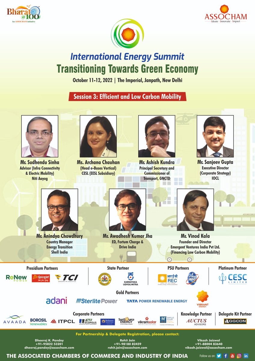 ASSOCHAM4India's tweet photo. 'Efficient and Low Carbon Mobility' will be the topic of discussion in the 3rd session at the #ASSOCHAM International Energy Summit: 'Transitioning Towards Green Economy.'

Meet our panellists👇 https://t.co/eyrKB4IGiO