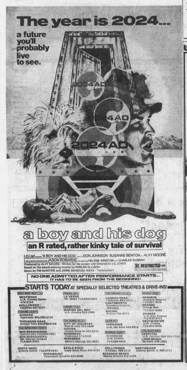 CONELRAD6401240's tweet photo. "An R rated, rather kinky tale of survival." A BOY AND HIS DOG opened in Los Angeles #OTD in 1975. #HarlanEllison #LQJones #DonJohnson #JasonRobards #AlvyMoore (Produced By!) #TimMcIntire (as the voice of Blood the dog) and Tiger as Blood the dog. https://t.co/Djy9L9c9ER