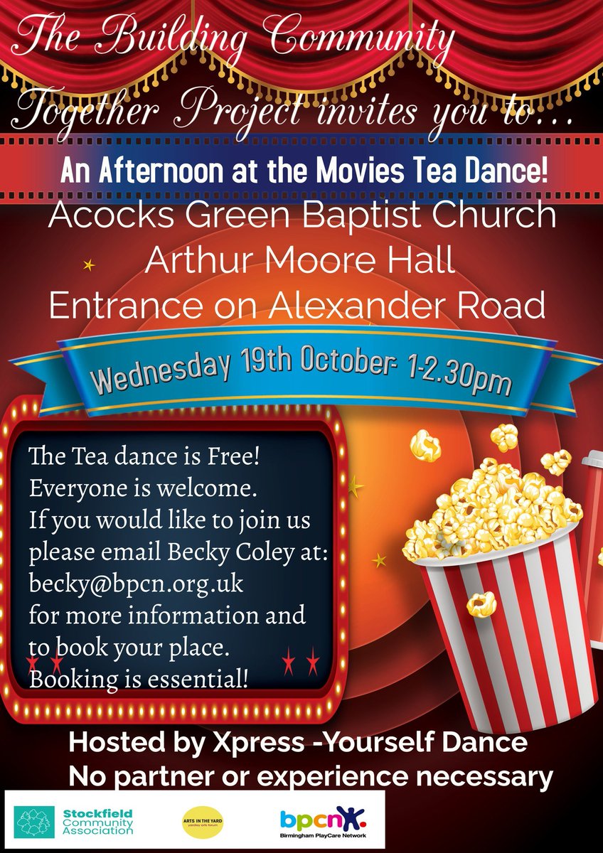 We invite you to an afternoon at the #movies for our upcoming #Tea #Dance. We'll be #dancing to some favourite #soundtracks with dance instructor Faye from <a href="/XpressYourself1/">Xpress-Yourself</a>. No dancing experience needed. 
Book your free place by emailing Becky: becky@bpcn.org.uk
#TeaDance #free