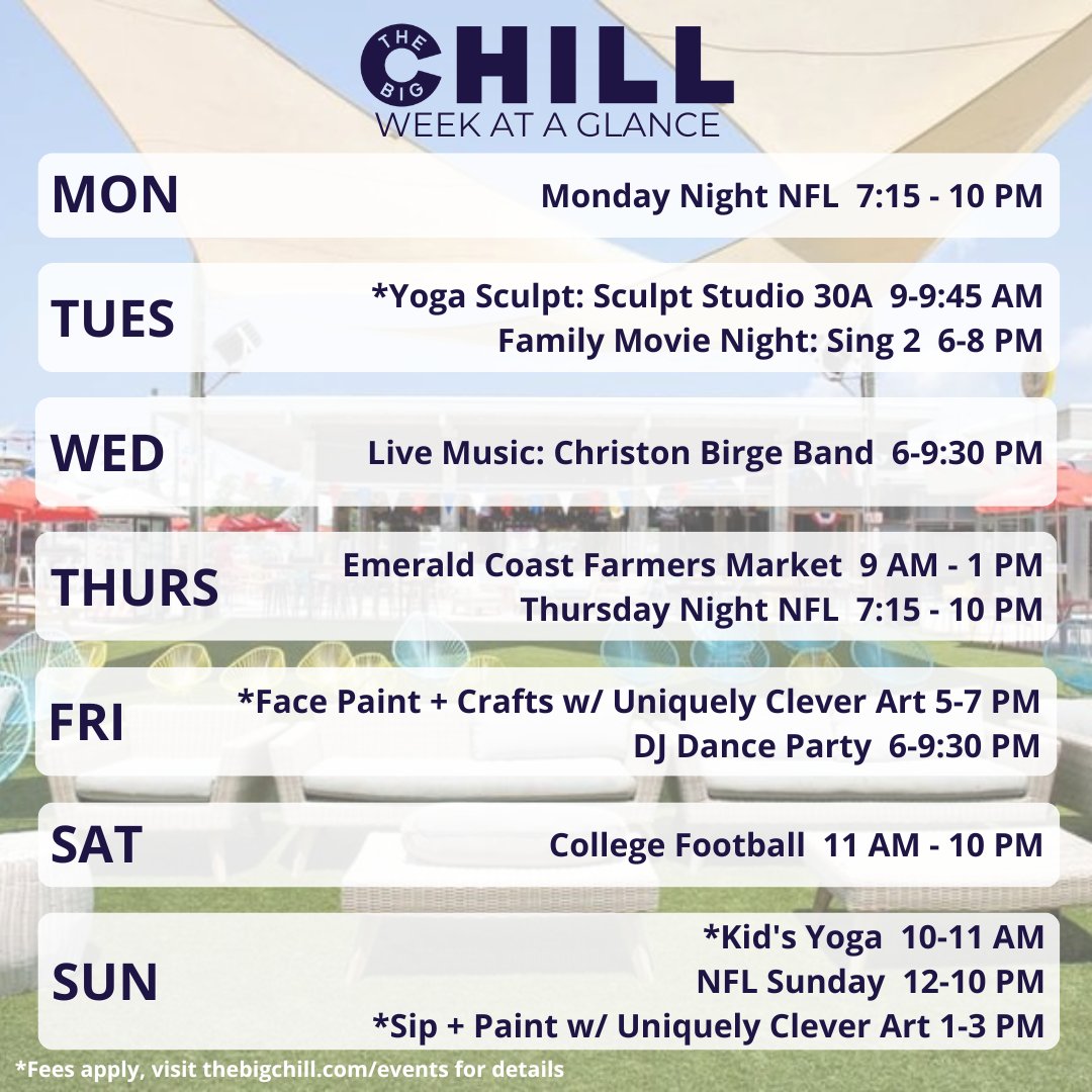 TheBigChill30A's tweet photo. Happy Monday! 🎉 Come chill with us!

Check out our full event calendar 👉 https://t.co/t1Of1LDBLt

#thebigchill #thebigchill30a #30a #30aeats #30avacation #30avacay #sowal #southwalton #30agetaway #30abeaches #30astyle #hey30a #30aescapes #jumbotron #gameday https://t.co/ezVyr5xQ0o