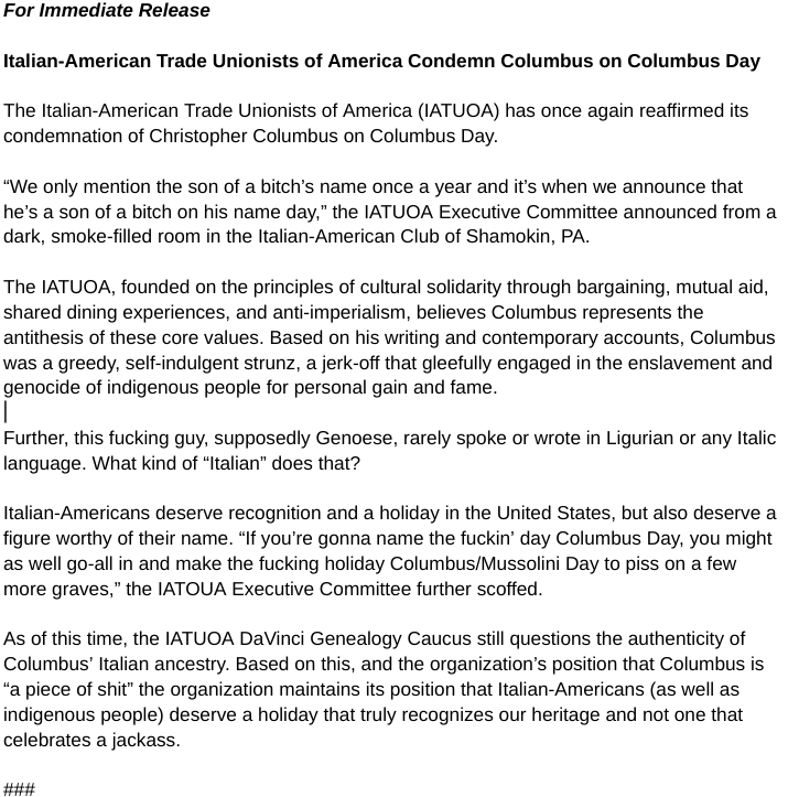 The Italian-American Trade Unionists of America (@IATUOA) has once again reaffirmed its condemnation of Christopher Columbus on 'Columbus Day.' (1/4) Read more in our release ---