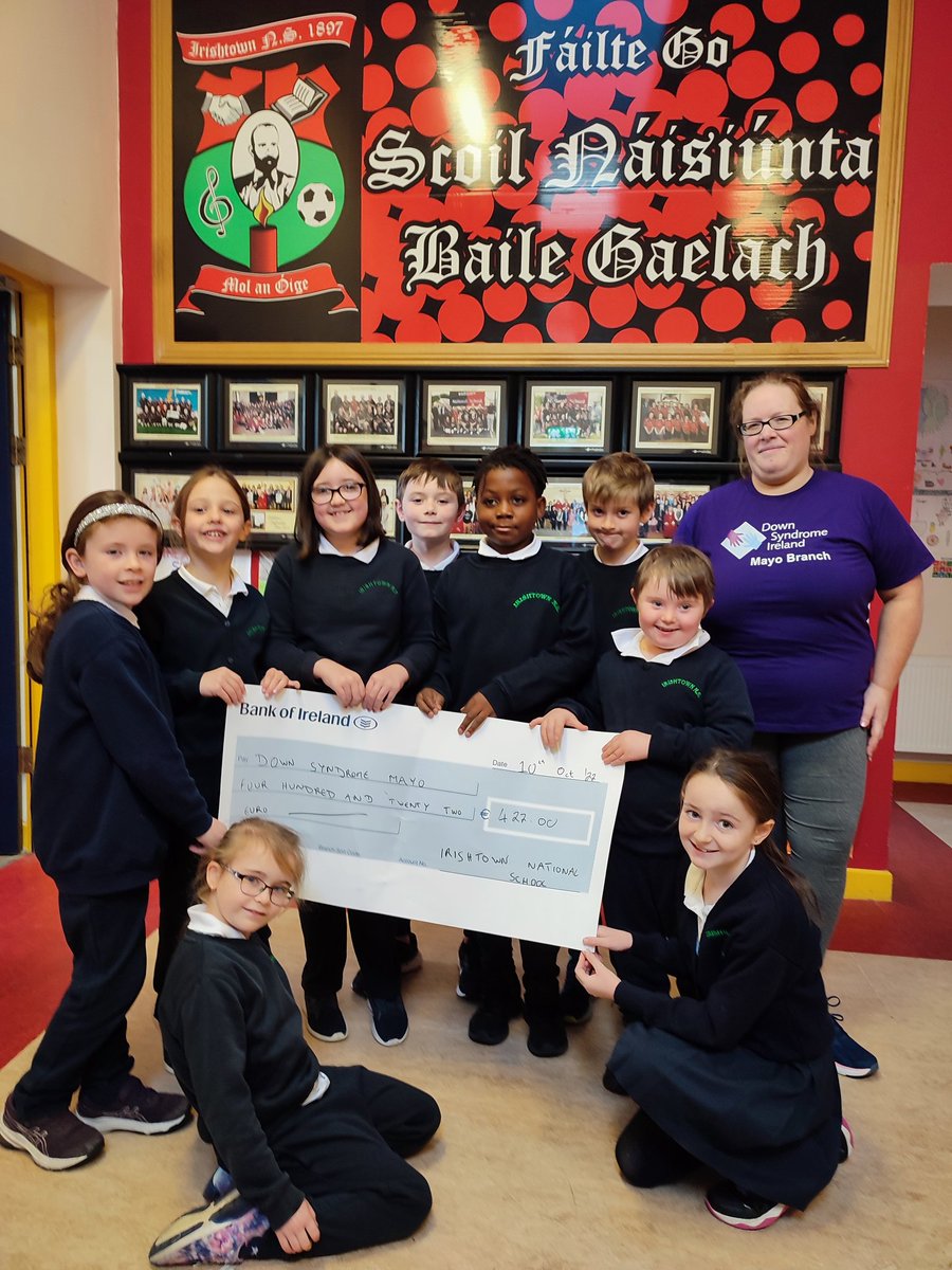 IrishtownNS's tweet photo. Thank you to everyone who donated towards our @DownMayo fundraiser in September. We all ran 1km each day and collected €422. Paula from Down syndrome Mayo visited school today to thank everyone. @DownSyndromeIRL https://t.co/dETlqGPhUp