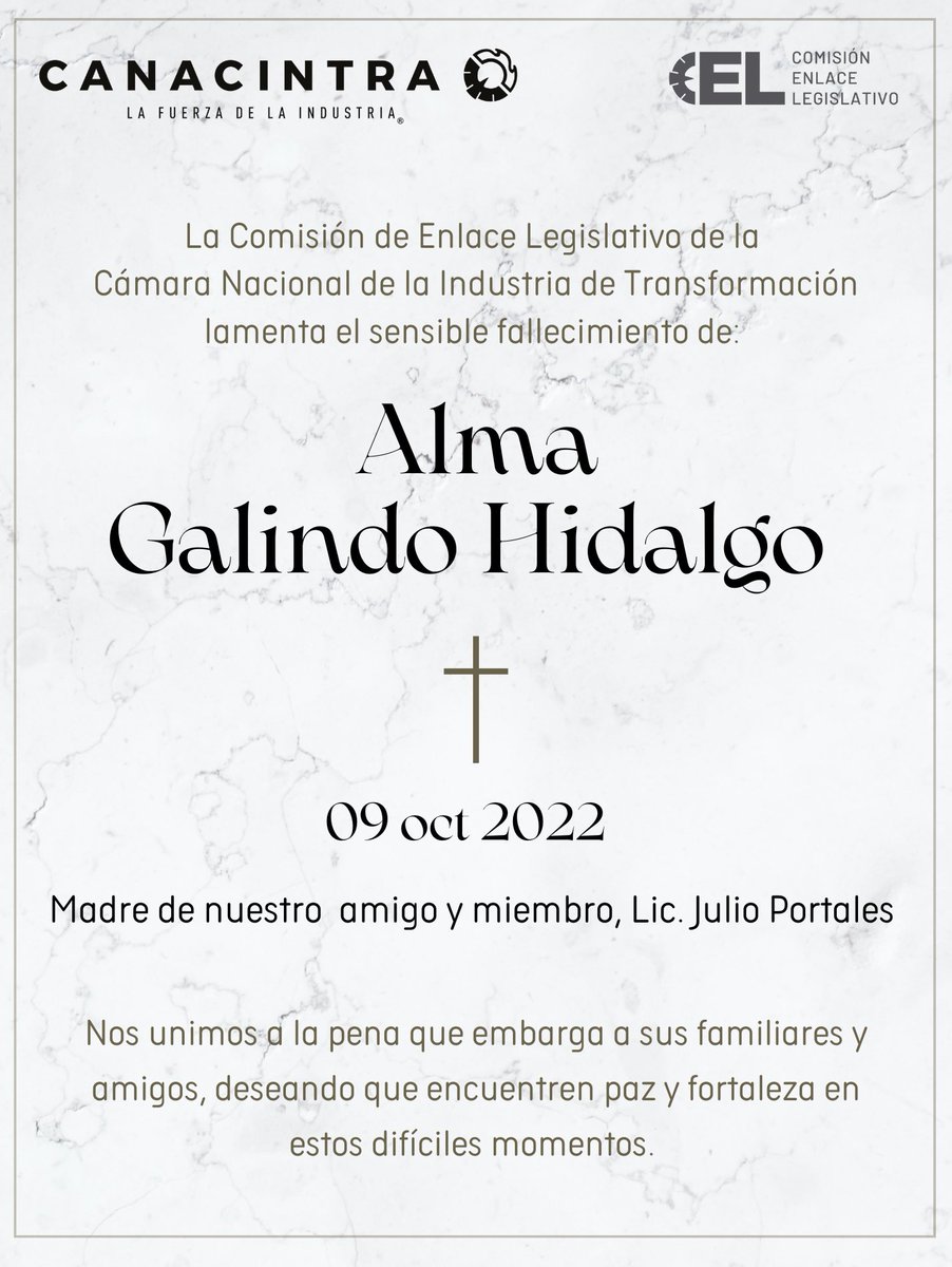 Nos unimos a la pena que embarga a nuestro amigo y miembro <a href="/julioportales/">Julio Portales Sánchez</a> por el sensible fallecimiento de su Sra. madre Alma Galindo Hidalgo. 

Nuestras más sinceras condolencias. 🕊️