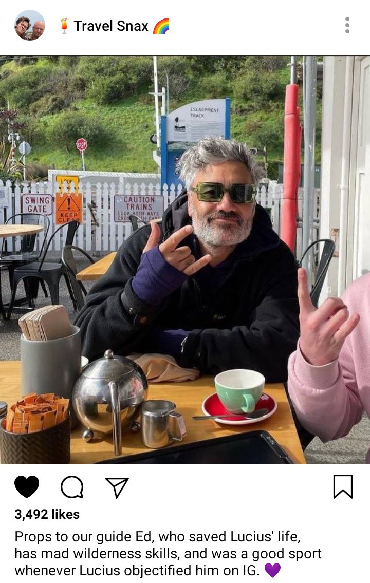 Lucius' IG: picture of Ed at a table having tea on cafe patio. Caption reads "Props to our guide Ed, who saved Lucius' life, has mad wilderness skills, and was a good sport whenever Lucius objectified him on IG 💜" 