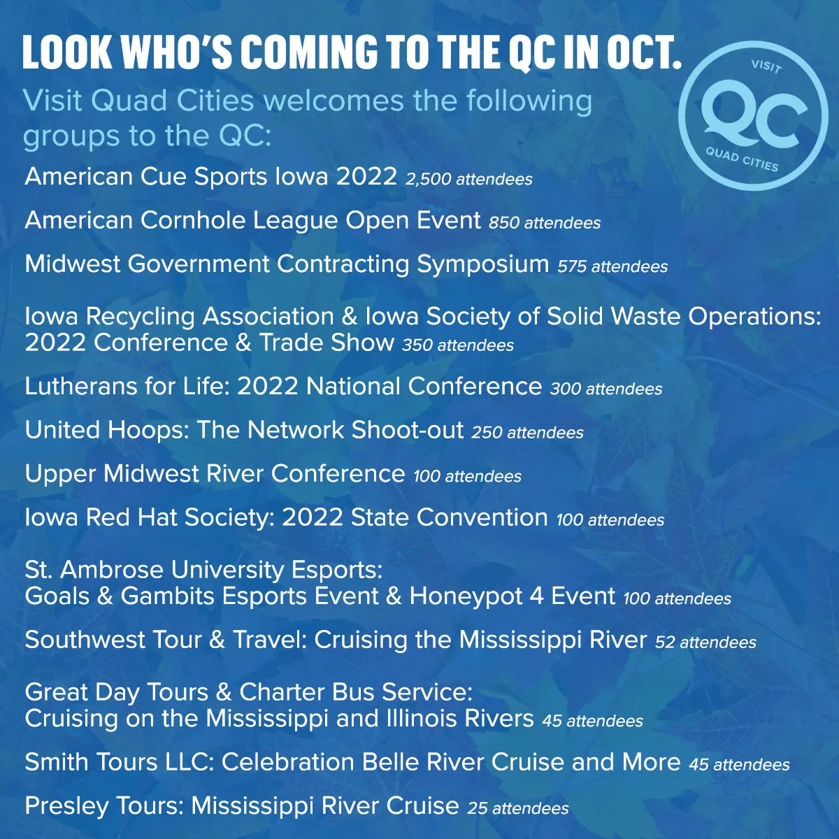 VisitQuadCities's tweet photo. Visit Quad Cities' focus is to attract new &amp; repeat visitors that come to the QC throughout the year. We drive economic development through tourism &amp; we are the front porch to the QC brand experience. Learn more https://t.co/87Qu8mJ6ss  #sportsqc #bringithere #meetqc https://t.co/QOWcDhuLnh