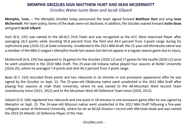 The @memgrizz today announced the team signed Matthew Hurt and Sean McDermott. In addition, the Grizzlies waived Justin Bean and Jacob Gilyard.