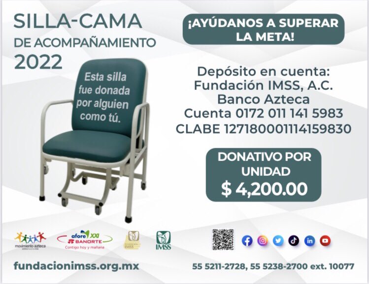 anacsepulveda_v's tweet photo. Las sillas-cama proveen bienestar al acompañante de la persona internada. Ayúdanos a lograr la meta de este año. @FundacionIMSS te da recibo deducible de impuestos y tu ayudas a cientos de personas https://t.co/B6UPKDs7S7