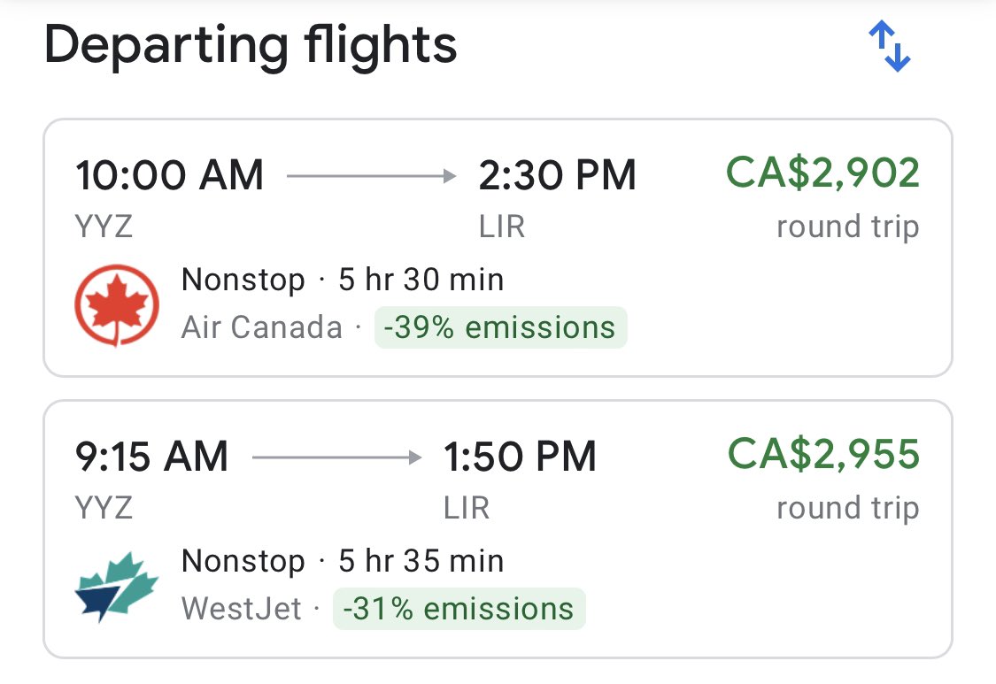 Millsy06's tweet photo. What is going on here @AirCanada @WestJet ?? I’m sure demand is high these days, but these January prices are 3x the highest price I have ever paid in my 15+ years travelling to Costa Rica #inflation  #costarica 👀 https://t.co/rWcTkgmOwl