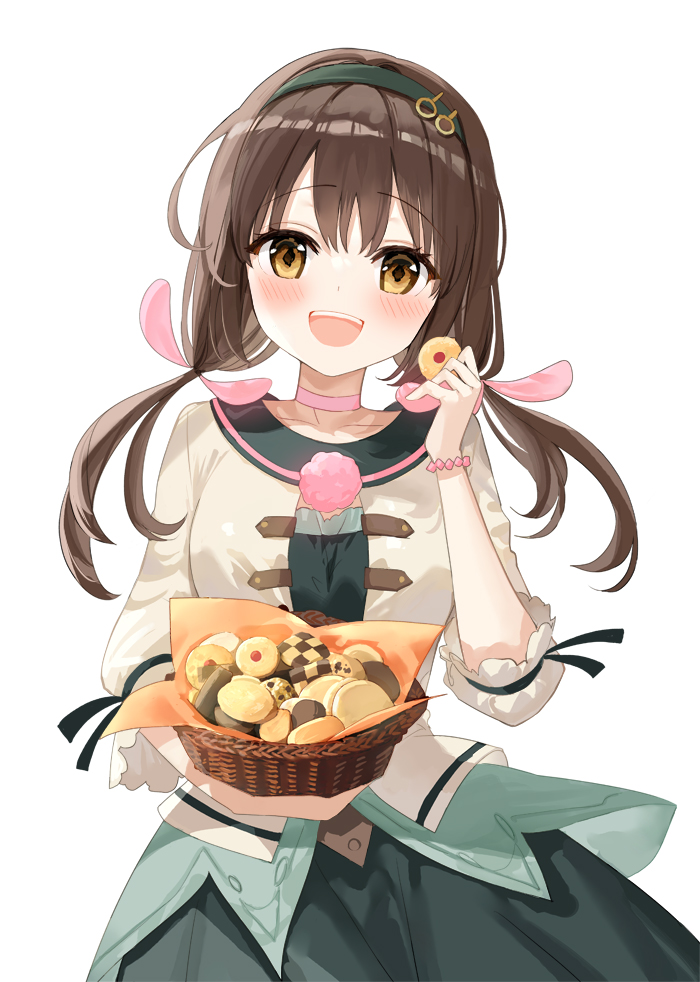 1girl solo brown hair twintails smile food cookie  illustration images