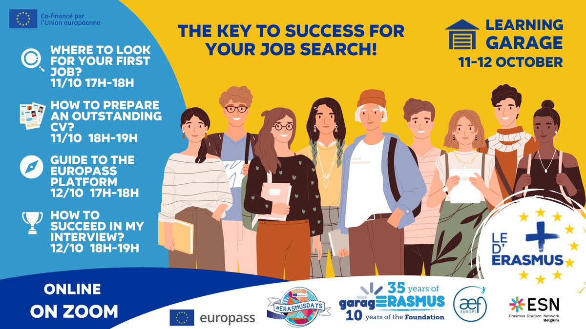 garagErasmus's tweet photo. 📢Last day to register to #LearningGarage!
2 days of online training sessions with specialists on how to find a job thanks to your #Erasmus+ experience.
By @garagErasmus & @aef_europe & @ESNBelgium & Europass en Fédération Wallonie-Bruxelles
👉Register https://t.co/LjRNDUW62G https://t.co/zIK2EzU4Qb