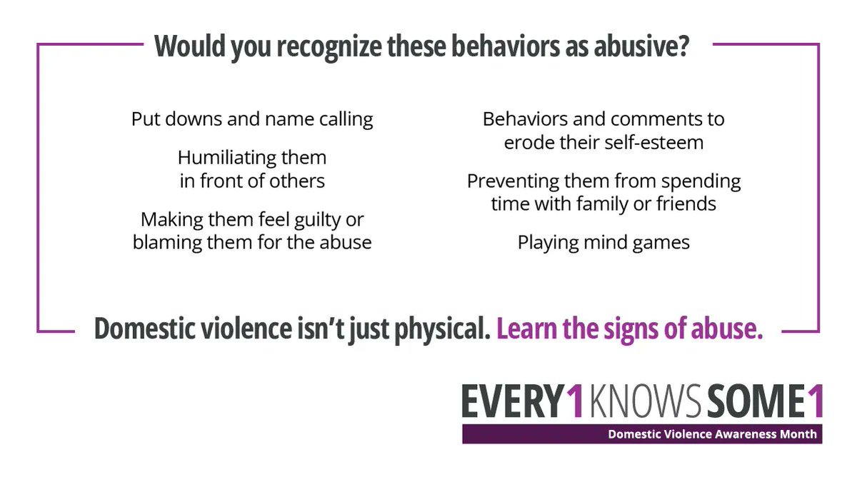 Domestic violence can manifest in a number of ways, and there’s usually more than one tactic taking place in an abusive relationship. Regardless of the coercive behavior(s) used, it always comes back to power and control over the victim. #Every1KnowsSome1 #DVAM