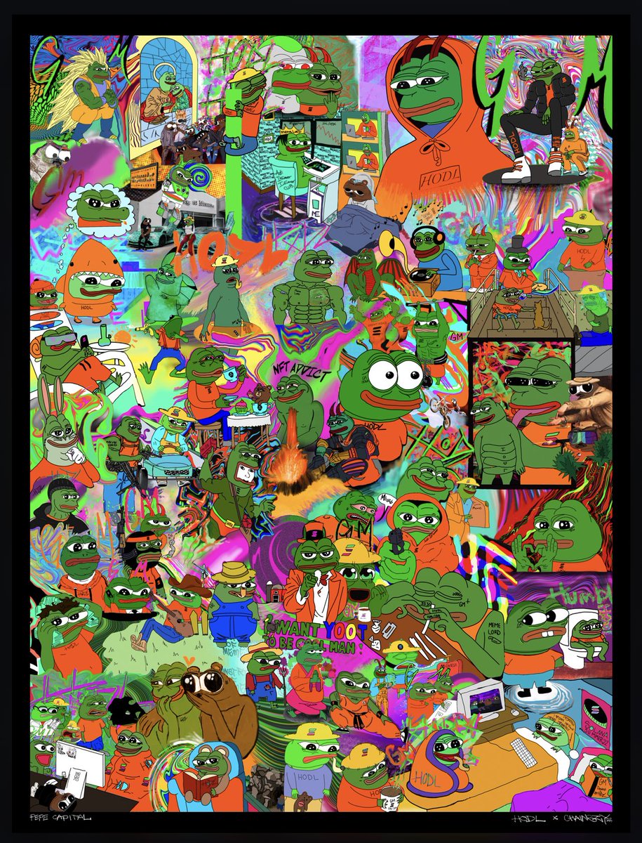 🖼 Pepe Capital

collaged of every GM meme <a href="/HODLsolana/">𝖍𝖔𝖉𝖑</a> did over the last 3 months, morphed together in a way to visualize them all at once - organized chaos

my 2nd piece for 'artwork' series on <a href="/exchgART/">Exchange Art</a>

this is 1 key piece to ct, bear, frog, nft, pepe, &amp; solana history

🖤⛓🐸