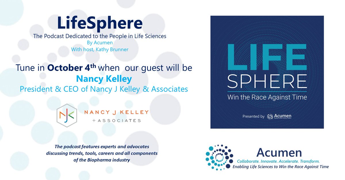 LifeSpherePod's tweet photo. Check out the latest episode of #LifeSpherePod podcast w/ @AcumenAnalytics CEO &amp;host @kbrunner1 when her guest will be @nancyjkelley of Nancy J Kelly + Associates. Learn more: https://t.co/nwlz367kR7 

#Collaborate #Innovate #Accelerate #Transform #Acumen #LifeScience https://t.co/bnmOohgrly