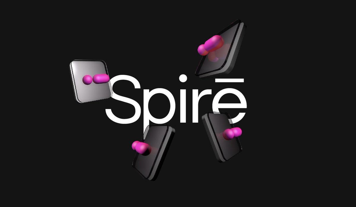 Early exploration of Spirē’s visual identity design. There are five plastic boards with glass untop and a capsule on each, all textured in pink gradient. Spirē is written in white in a deep grey background.