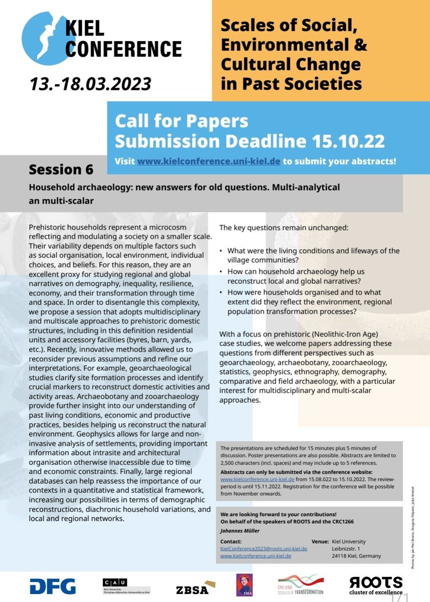 DEADLINE EXTENDED! You have time untill the 31st of October to submit your abstract for the conference "Scales of social, environmental &amp; cultural change in past societies" (<a href="/kieluni/">Universität Kiel CAU 🎓</a>, March 2023)! 
Come with us to discuss on household archaeology and future perspectives!