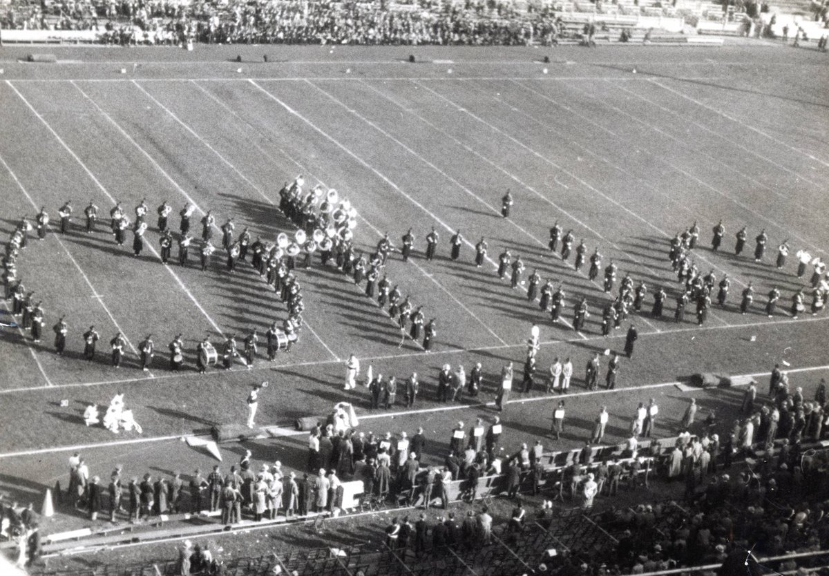 OhioHistory's tweet image. #OTD in 1936, The @OhioState University Marching Band displayed the very first #ScriptOhio! The OSU Marching Band, now called @TBDBITL, originated in 1878 as only a 12-piece fife and drum corps, but quickly grew in size and began marching at all military and athletic events.