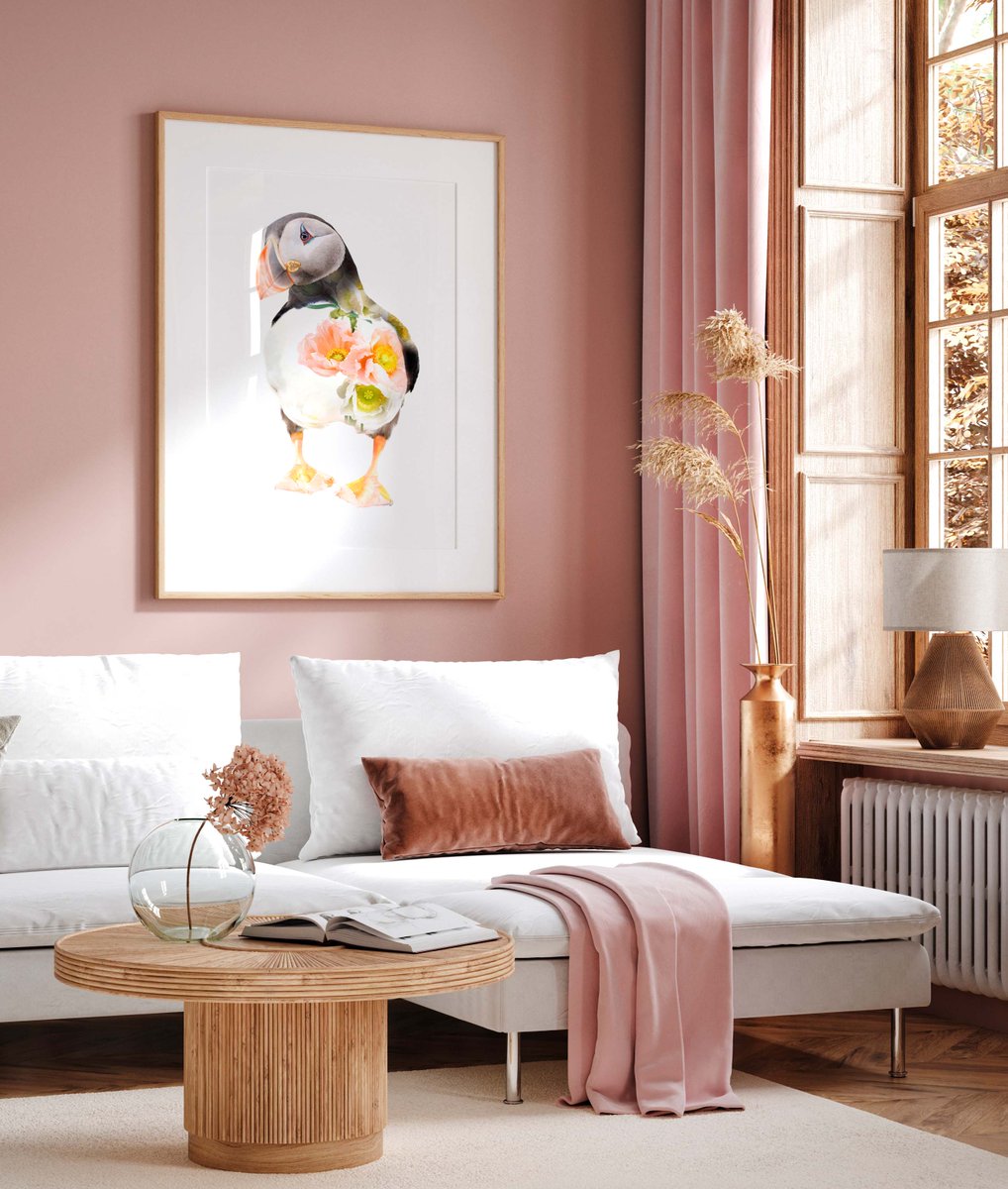 Need some interior art inspiration ? 
Have a look at this pink room with our botanical puffin print. I just love how it is all styled.