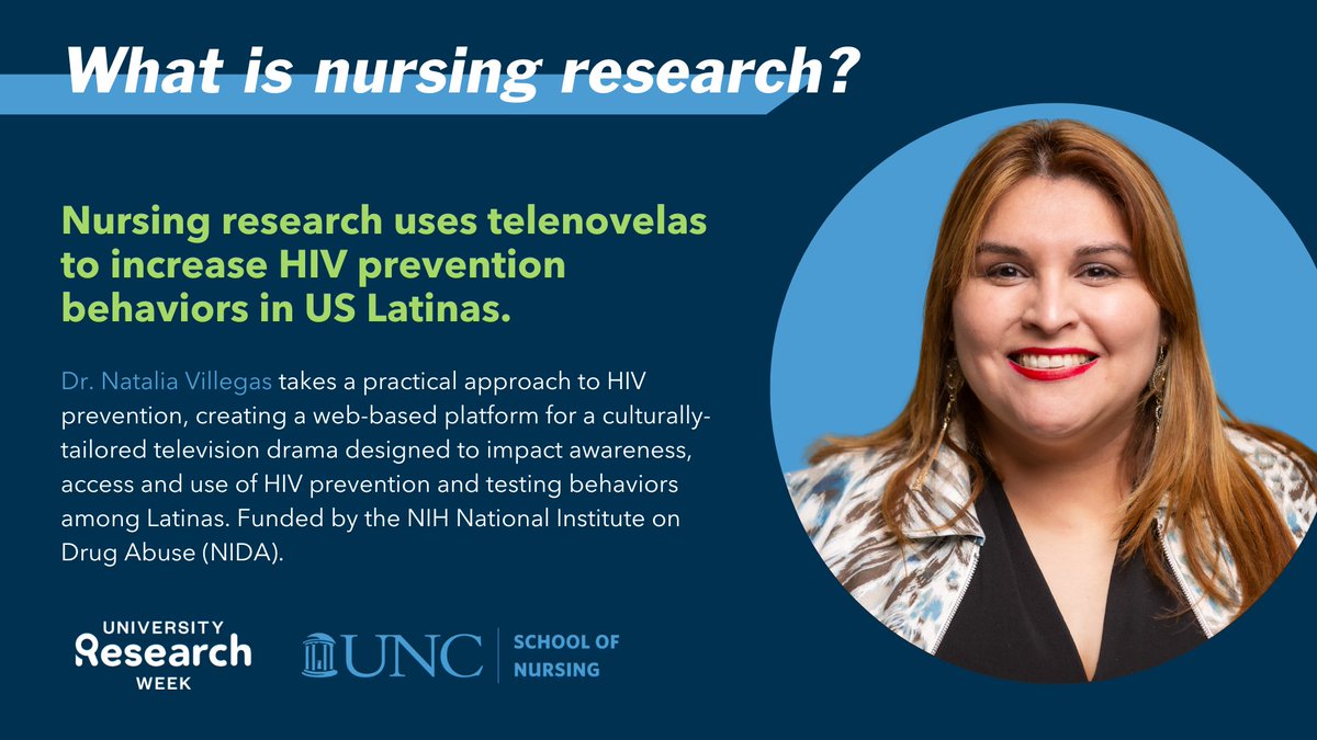 UNCSON's tweet photo. ➡️ Dr. Natalia Villegas takes a practical approach to HIV prevention, creating a web-based platform for a culturally-tailored television drama designed to impact awareness, access and use of HIV prevention and testing behaviors among Latinas. 👩🏽‍💻 #UNCResearchWeek https://t.co/4A7HyAAJAd