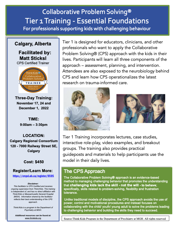 Collaborative Problem Solving® Tier 1 Training is Nov 17, 24 &amp; Dec 1 in #Calgary.
Excited to share this approach with a small group of local educators, clinicians and other professionals!
Thank you <a href="/crconsortium/">Calgary Office of The Consortium</a> for hosting.
crcpd.ab.ca/program/9595
#abed #yyc